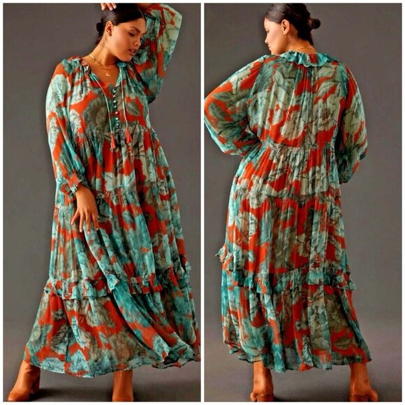 Anthropologie The Marais Floral Chiffon Maxi Dress Long Sleeves Boho Size XXS - Picture 1 of 13